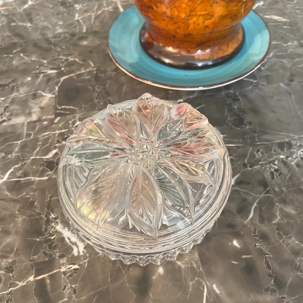 Vintage Pressed Glass Lidded Candy Dish Poinsettia Starburst Trinket Box
